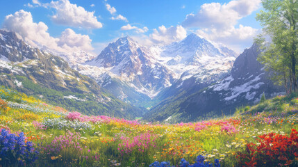 Fototapeta premium Alpine meadow, vibrant flowers, majestic mountains, sunny day, travel poster