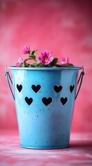 A Beautiful Decorative Blue Bucket with Charming Heart Shaped Holes Set Against a Lively Pink Background for Spring Festivities