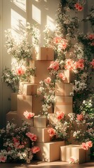 Warm and Inviting Abstract Collage Featuring Cardboard Boxes and Spring Flowers to Promote Ecological Courier Deliveries