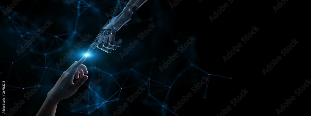 Poster human and robotic interaction illuminated in a futuristic digital network.