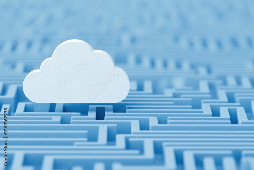 Poster a d illustration of a minimalist cloud symbol placed above a blue maze background, representing chal