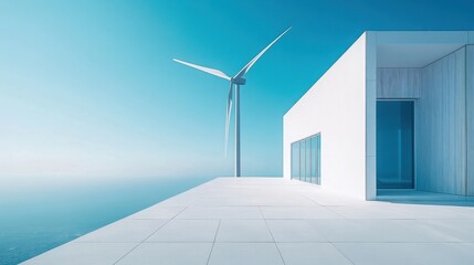 Obraz premium Modern White Building and Wind Turbine Overlooking Ocean