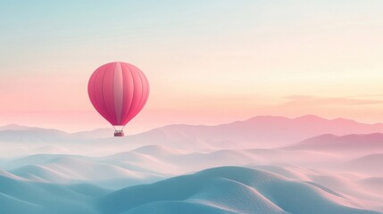 Fototapeta premium Pink Hot Air Balloon Pixelated Landscape with Pastel Sky and Distant Hills
