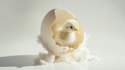 Symbol of new life – a tiny chick inside a broken egg with an isolated backdrop.