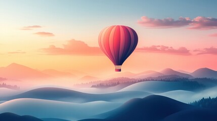 Obraz premium Pink Hot Air Balloon Over Misty Mountains at Sunrise