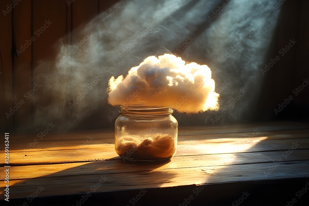 Aufkleber a soft cloud floats inside a jar, illuminated by beams of light, creating a whimsical and serene atm