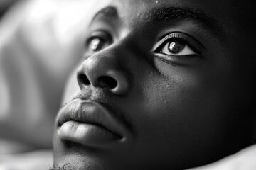 A person reclining on a bed with a relaxed expression