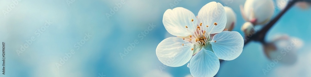 Poster a close-up shot of a white flower sitting on a branch, with a simple and elegant design