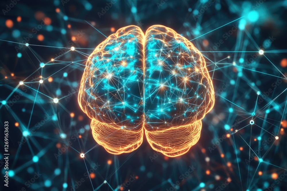Poster an illustration of a computer-generated human brain with detailed structures and neurons
