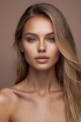 Naklejka premium photo of young beautiful woman with perfect smooth skin, black smooth hair, open shoulders