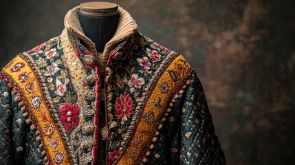Fototapeta premium Detailed Vintage Garment Display Featuring Intricate Floral Embroidery in Historical Context with Artistic Background
