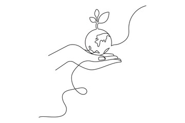 Ecology Sustainable continuous single line art, Nature Planet one line Pro Vector