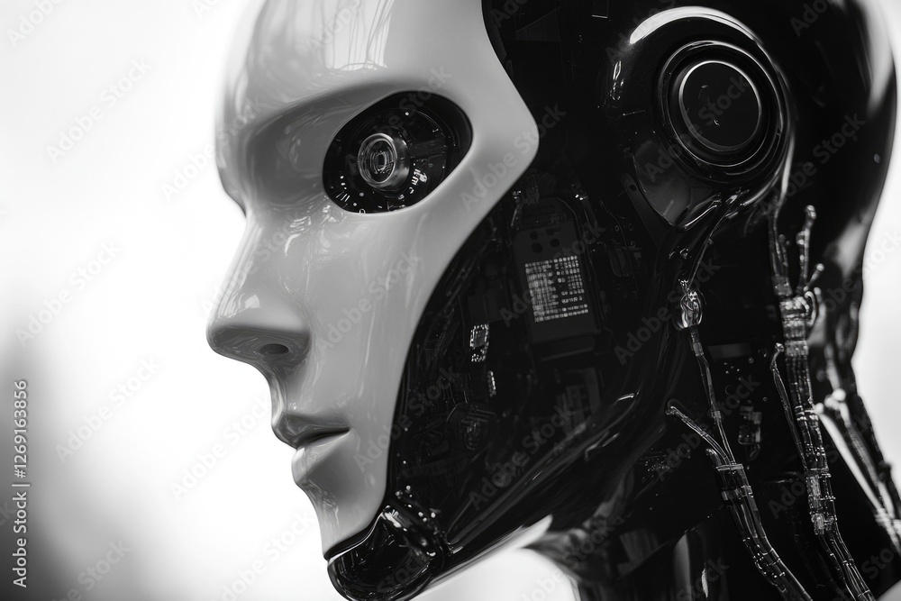 Poster a close-up shot of a robot's face in black and white, suitable for use in tech-related projects or a