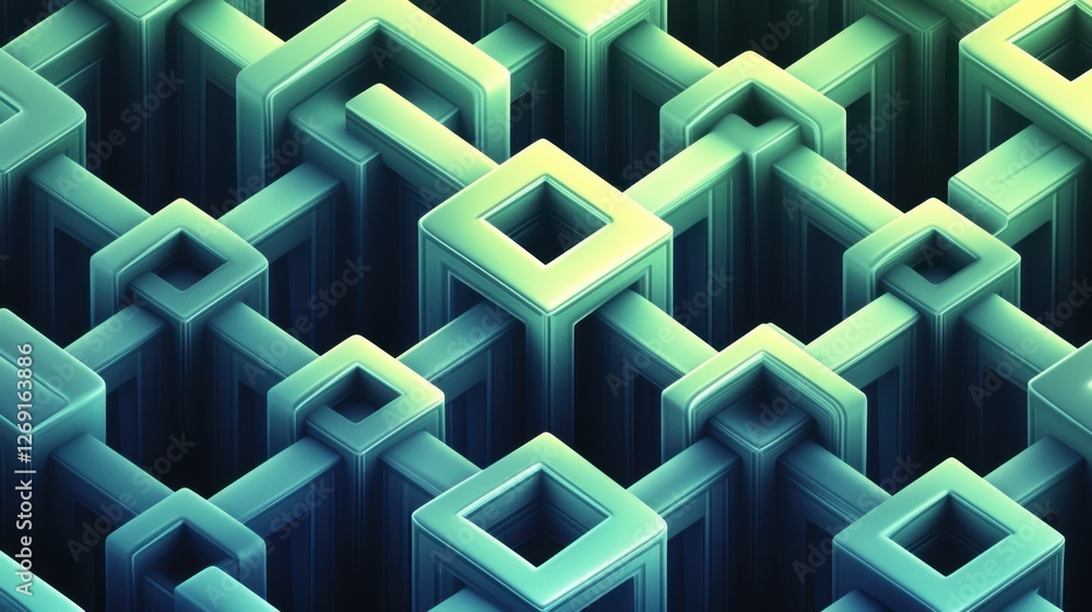 Aufkleber abstract 3d green geometric interlocking cubes digital art: complex structure of teal and green cube
