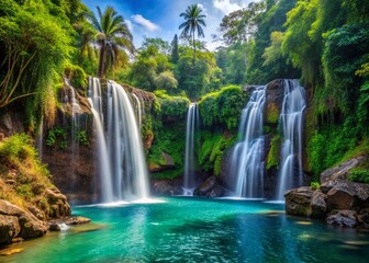 Seven Sacred Pools Waterfall - Lush Tropical Landscape with Copy Space