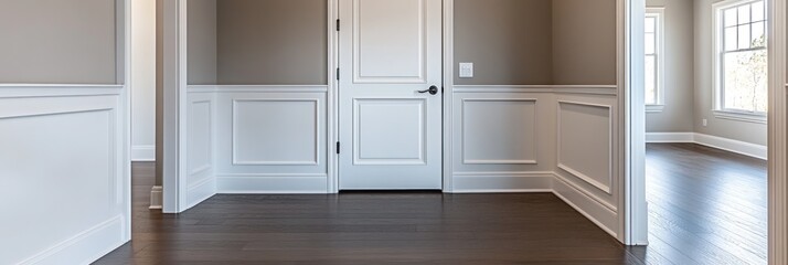 Fototapeta premium Elegant Interior Hallway With White Trim And Dark Hardwood Floors