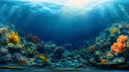 Naklejka premium Immersive Underwater Scene Showcasing Vibrant Coral Reefs and Divers in a Colorful Marine Environment