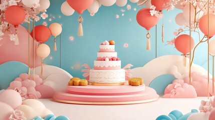 Festive three-tiered cake with mooncakes, balloons, and cherry blossoms.