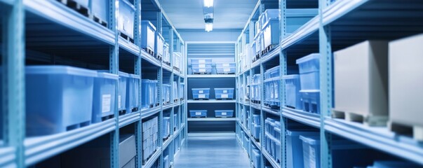 Blue warehouse aisle, storage bins, inventory management