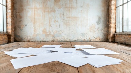 Abandoned office desk with scattered papers Concept, Abandoned Office Room with Papers Scatterd on a Wooden Desk Surrounded by Light and Old Walls