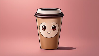 Generated image  A takeaway cartoon coffee cup with a smiley face on it is sitting on a pink background