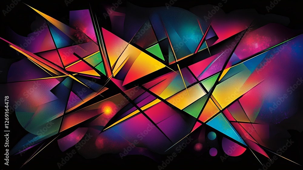 Poster colorful abstract geometric design with sharp angles and vibrant hues set against a dark background