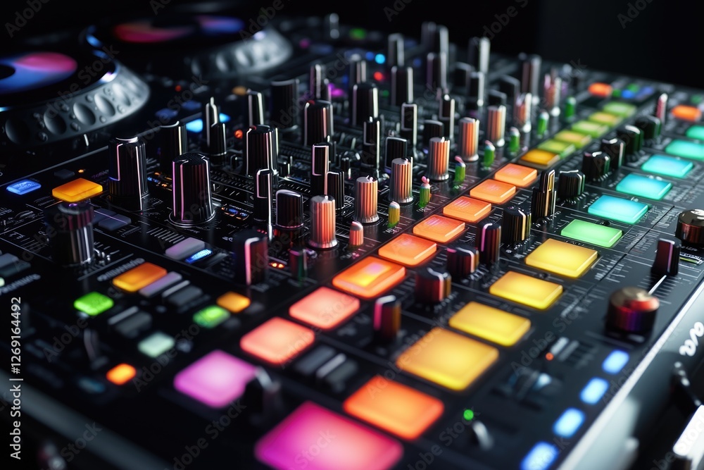 Poster a close-up view of a dj's control board with various knobs and buttons