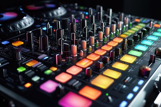 A close-up view of a DJ's control board with various knobs and buttons