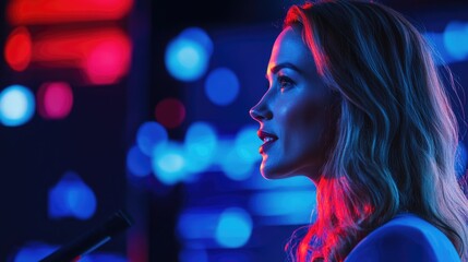 A woman stands confidently in front of a microphone, ready to speak or perform