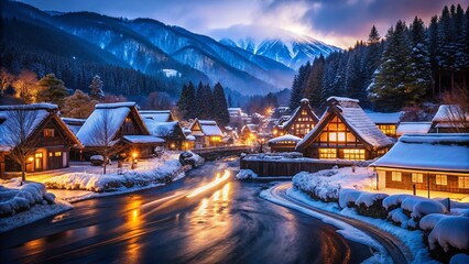 Fototapeta premium Shirakawa-go Gassho-style Houses Sunset Winter Long Exposure Japan