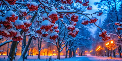 Obraz premium Siberian Winter: Snow-Covered Rowan Trees in a Low-Light Park