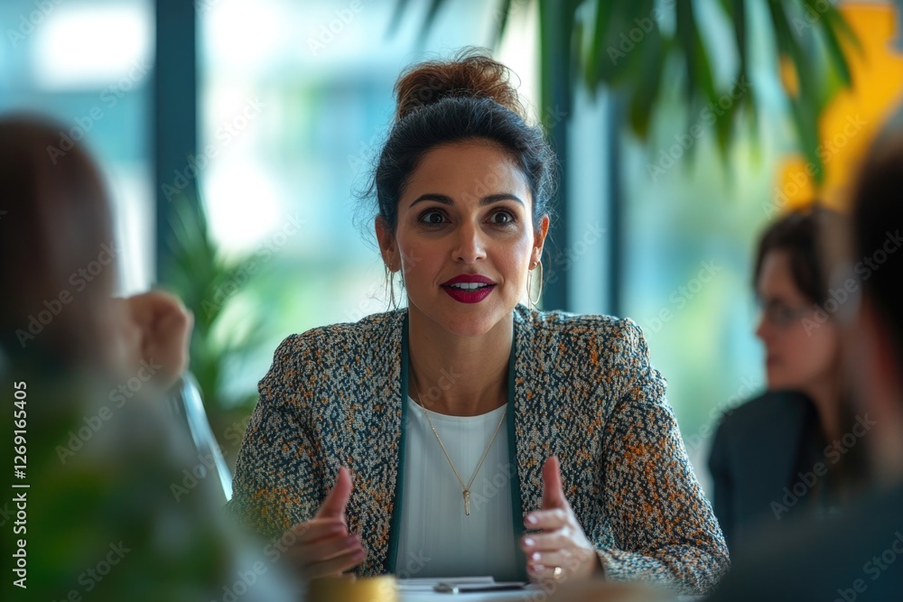 Poster a woman conversing with a group of people around a table, possibly in a business or conference setti