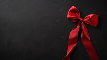 Elegant Red Ribbon Bow on Black Background, Birthday Card Design Template, Minimalist and Stylish Celebration Greeting