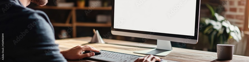 Poster a person sitting at a desk with a laptop and keyboard, possibly working or studying