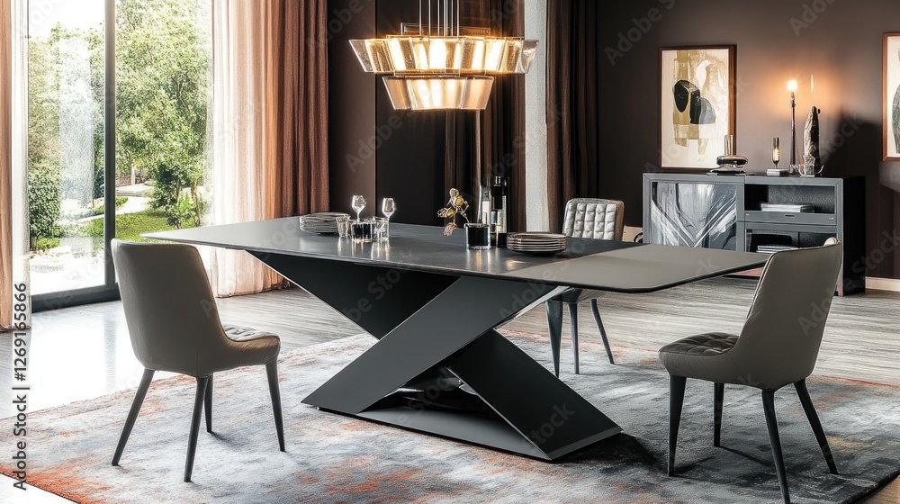Poster a sleek and functional dining table with a seamless extension system, offering more space when neede