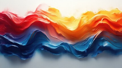 Vibrant abstract waves of red, orange, and blue paint creating a dynamic visual flow on canvas