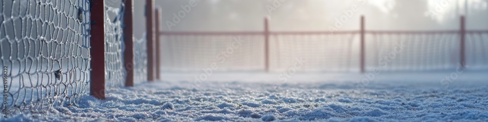 Poster a snow-covered field with a wooden fence in the background, ideal for winter scenes or rustic settin