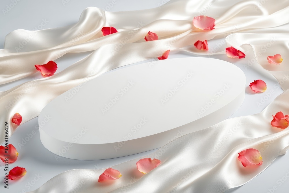 Poster a close-up view of a white oval-shaped object surrounded by delicate rose petals