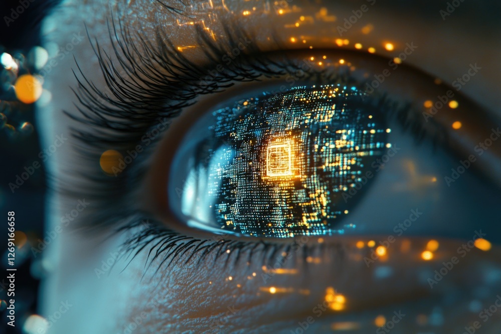 Aufkleber a close-up view of a person's eye with a computer chip implanted in the iris