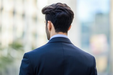 A businessman looks out over the city from a rooftop or high-rise building, possibly contemplating the view