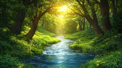 Fototapeta premium Peaceful River Flowing Through Lush Green Forest in Bright Sunlight