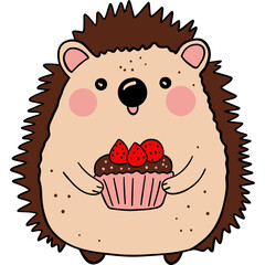 Cute hedgehog holding a cupcake with strawberries.