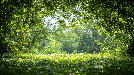 Sunlit forest glade, lush greenery, peaceful scene, nature background, ideal for relaxation