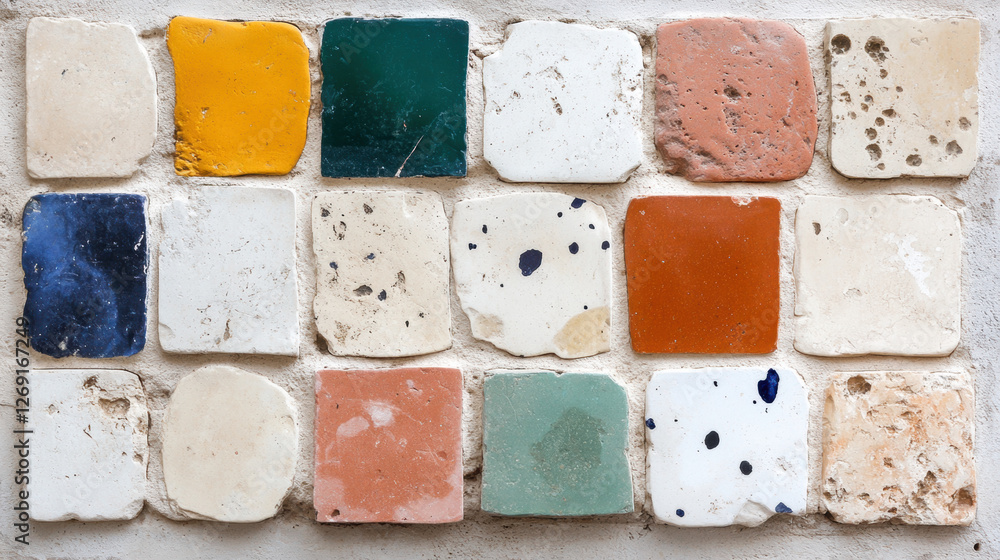 Poster bohemian background, colorful mosaic tiles arranged in a grid pattern showcasing various textures an