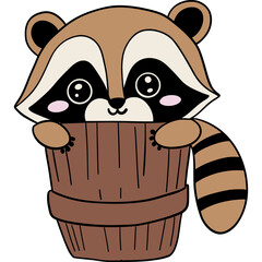 Cute raccoon peeking out of a wooden bucket.