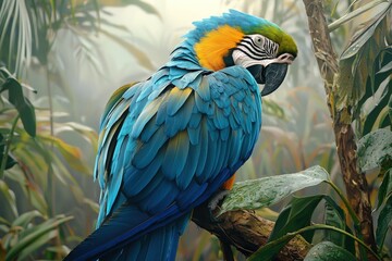 A blue and gold macaw perched on a jungle branch, preening its feathers