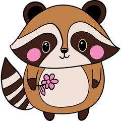 Cute cartoon raccoon holding a flower with a friendly expression.