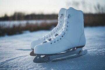 A pair of ice skates sit atop a snowy surface, perfect for winter scenes or outdoor activities