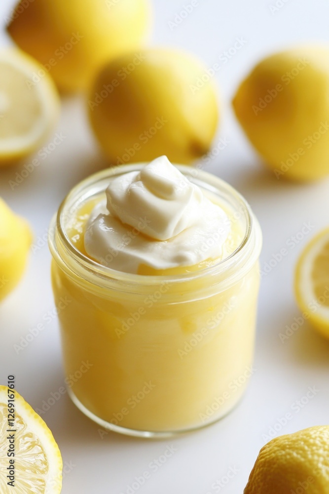 Poster fresh lemons surrounded by a generous serving of whipped cream, great for garnishing desserts or add