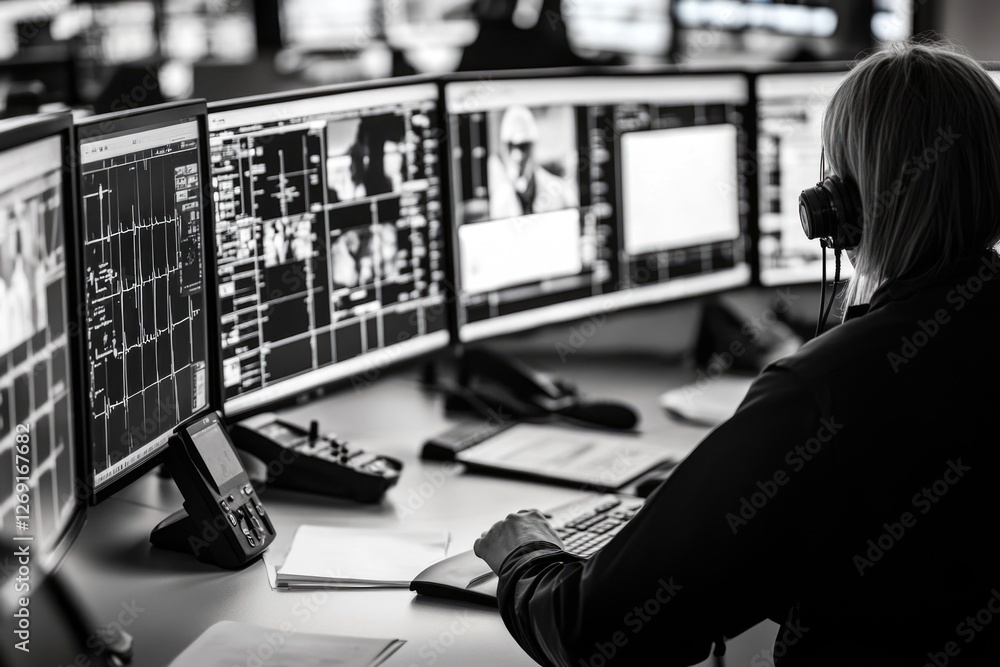 Poster a person sitting at a desk with multiple computer screens